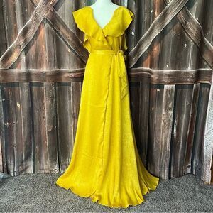 Lulus Moriah Mustard Yellow Satin Wrap Maxi Dress NWT Skinny Straps SZ Small